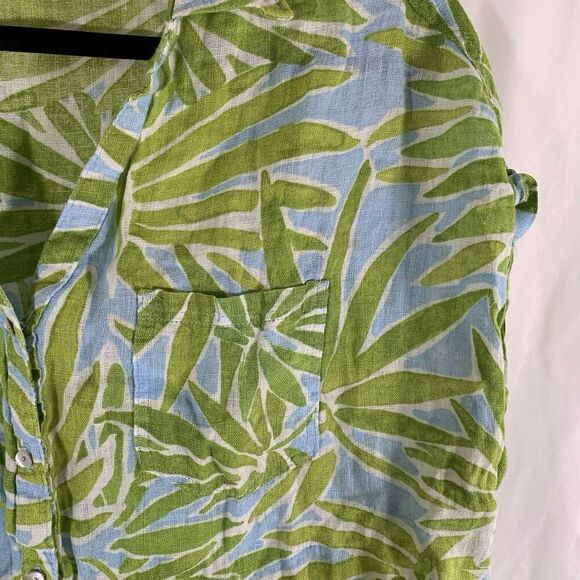 Sigrid Olsen 100% Linen Blouse Women's Large Green Blue Floral Button Up Short S - Picture 4 of 7